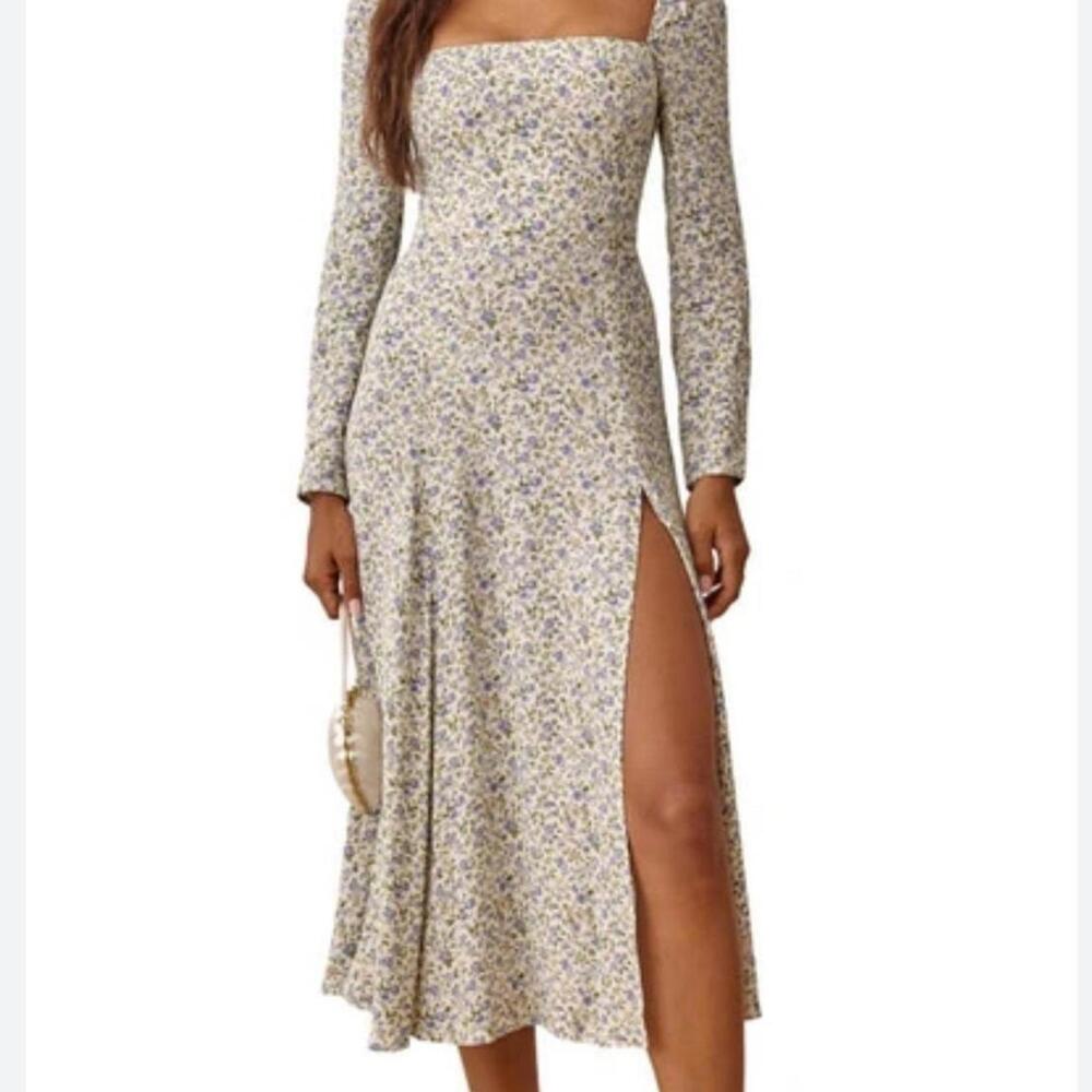Reformation Sigmund mididress in "Pixie." Multicolor floral long sleeve dress